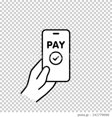 スマホ画面にPAYと完了アイコンを表示した手持ちスマートフォンのイラスト（モノクロ） 141779090