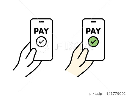 スマホ画面にPAYと完了アイコンを表示した手持ちスマートフォンのイラストセット(モノクロ・カラー) スマホ画面にPAYと完了アイコンを表示した手持ちスマートフォンのイラストセット(モノクロ・カラー) 141779092