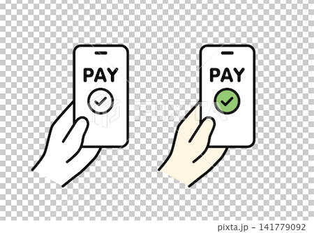 A set of illustrations (monochrome and color) of a handheld smartphone displaying the "PAY" and "Complete" icons on the screen. A set of illustrations (monochrome and color) of a handheld smartphone displaying the "PAY" and "Complete" icons on the screen. 141779092