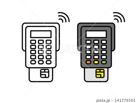 クレジットカード決済端末にカードを差し込むイラストセット（モノクロ・カラー） 141779101