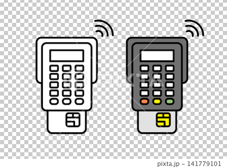 クレジットカード決済端末にカードを差し込むイラストセット（モノクロ・カラー） 141779101
