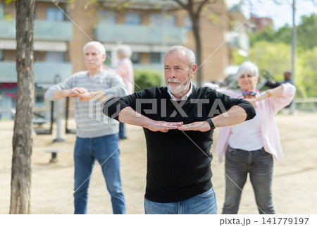 Group of elderly people perform arm swinging exercise physical activity outdoors. Group of elderly people perform arm swinging exercise physical activity outdoors. 141779197