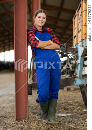 Portrait of young girl working in cowshed in blue overalls and boots Portrait of young girl working in cowshed in blue overalls and boots 141779232