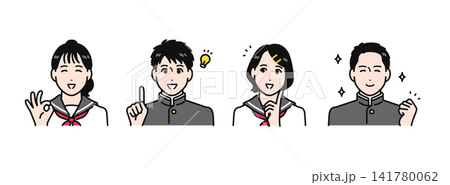 学ランとセーラー服を着た中学生が喜ぶ様子のシンプルなベクターイラストセット素材 141780062