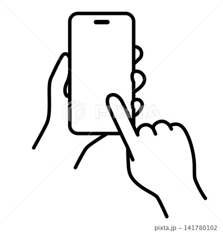 スマートフォンをタップする手のイラストのセット|モノクロ スマートフォンをタップする手のイラストのセット|モノクロ 141780102