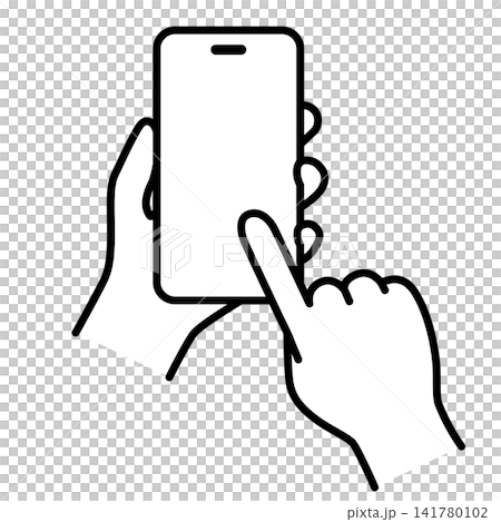 スマートフォンをタップする手のイラストのセット|モノクロ スマートフォンをタップする手のイラストのセット|モノクロ 141780102