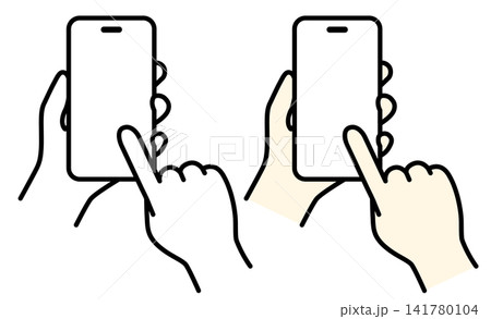スマートフォンをタップする手のイラストのセット|モノクロとカラーのセット スマートフォンをタップする手のイラストのセット|モノクロとカラーのセット 141780104