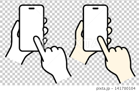スマートフォンをタップする手のイラストのセット|モノクロとカラーのセット スマートフォンをタップする手のイラストのセット|モノクロとカラーのセット 141780104