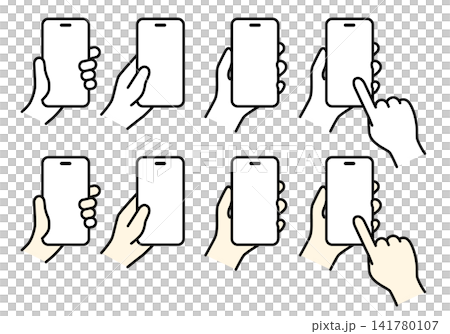 A collection of hand poses for holding a smartphone | Set of monochrome and color images A collection of hand poses for holding a smartphone | Set of monochrome and color images 141780107
