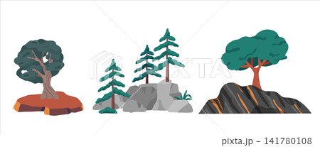 Rock and Tree Organic Minimal Flat Vector Landscape Illustration Set 141780108