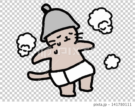 An illustration of a cat wearing a sauna hat and relaxing in a sauna. An illustration of a cat wearing a sauna hat and relaxing in a sauna. 141780111