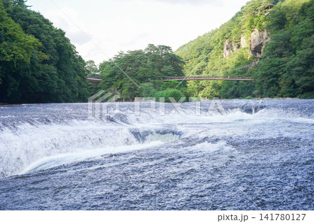 吹割の滝の上流から広大な渓谷と吊り橋を望む風景 吹割の滝の上流から広大な渓谷と吊り橋を望む風景 141780127