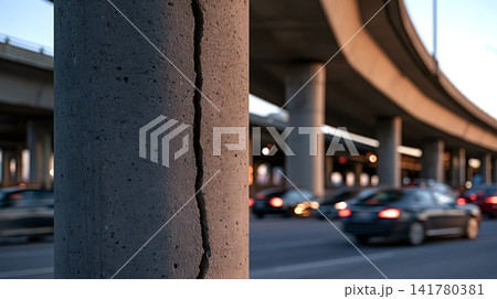 Concrete column with crack under highway bridge infrastructure 141780381