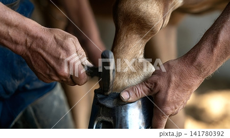 Farrier trimming horse hoof with tools during shoeing 141780392