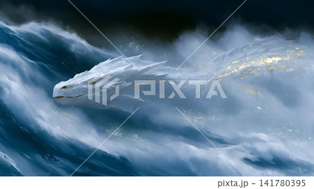 White dragon swimming in rough fantasy ocean waves 141780395