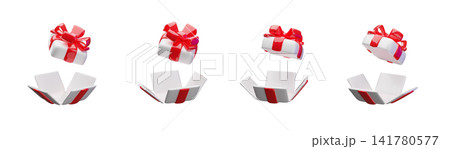 A 3D set of open white gift boxes with a red bow, from different sides. S 141780577