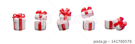 A 3D collection of white gift boxes with a red bow, arranged sequentially from closed to open. A 3D collection of white gift boxes with a red bow, arranged sequentially from closed to open. 141780578