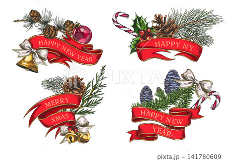 Happy New Year and Merry Christmas red ribbon banner, conifer with cone and jingle bells decorations sketch vector set Happy New Year and Merry Christmas red ribbon banner, conifer with cone and jingle bells decorations sketch vector set 141780609