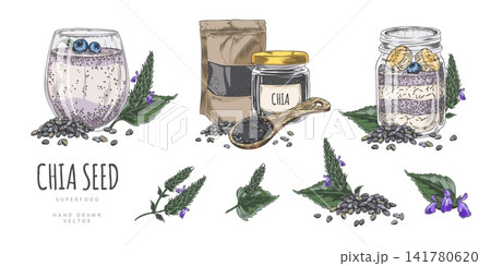 A set of chia seed products, a drink, a jar with a spoon, pudding, A set of chia seed products, a drink, a jar with a spoon, pudding, 141780620