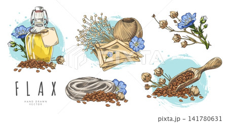 Hand-drawn watercolor set of flax seeds with a spoon, bottle, thread, fabric, and flowers. Hand-drawn watercolor set of flax seeds with a spoon, bottle, thread, fabric, and flowers. 141780631