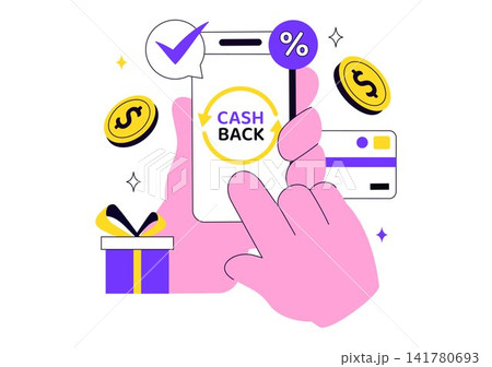 Cashback Illustration Featuring Mobile Reward Program, Digital Payment Savings, Online Shopping Benefits, Loyalty Offers, and Financial Incentives Cashback Illustration Featuring Mobile Reward Program, Digital Payment Savings, Online Shopping Benefits, Loyalty Offers, and Financial Incentives 141780693