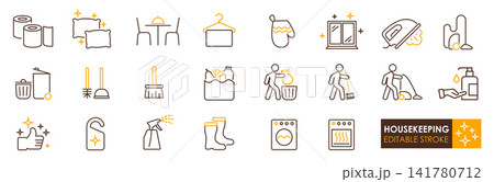 Housekeeping icons set with cleaning tools, supplies, and activities for home maintenance and hygiene, simple line art style 141780712