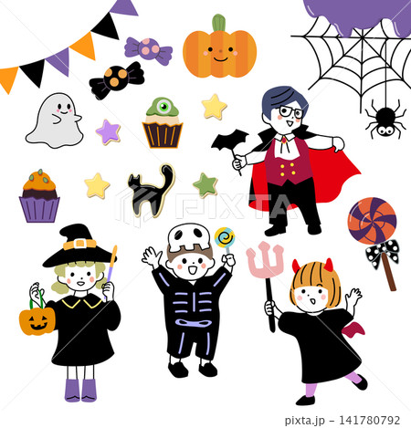 ハロウィン イラスト素材セット 仮装した子供たちとお菓子・カボチャ ハロウィン イラスト素材セット 仮装した子供たちとお菓子・カボチャ 141780792