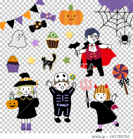 ハロウィン イラスト素材セット 仮装した子供たちとお菓子・カボチャ ハロウィン イラスト素材セット 仮装した子供たちとお菓子・カボチャ 141780792