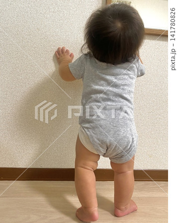 壁につかまり立ちをする赤ちゃんの後ろ姿 壁につかまり立ちをする赤ちゃんの後ろ姿 141780826