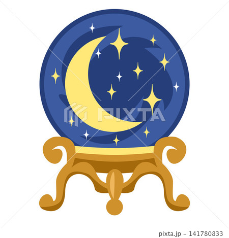 Cartoon crystal ball featuring a crescent moon and sparkling stars inside a mystical orb. Suitable for Halloween themes, fortune telling concepts,  141780833
