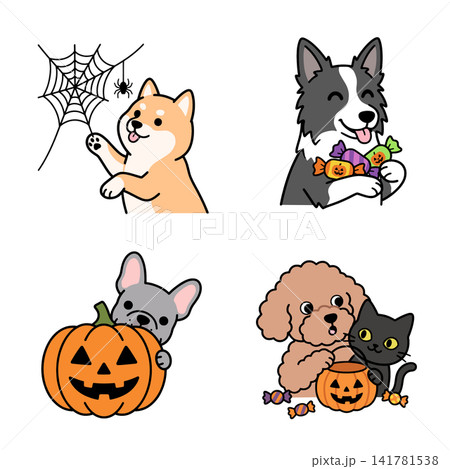 ハロウィンを楽しむ犬と黒猫のかわいいアイコン4種セット ハロウィンを楽しむ犬と黒猫のかわいいアイコン4種セット 141781538