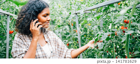 Woman farmer in greenhouse talks on phone Woman farmer in greenhouse talks on phone 141781629