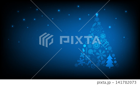 Abstract glowing blue Christmas tree formed by tech icons and snowflakes on dark background Abstract glowing blue Christmas tree formed by tech icons and snowflakes on dark background 141782073