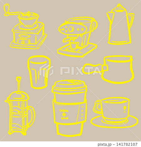 手描きコーヒーツールの線画/ベージュ 手描きコーヒーツールの線画/ベージュ 141782107