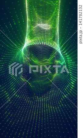 Green glowing particle funnel with dotted digital waves, representing data flow, cyber systems, and futuristic network technology. Green glowing particle funnel with dotted digital waves, representing data flow, cyber systems, and futuristic network technology. 141782132