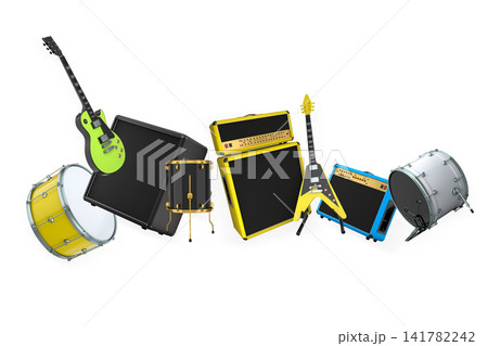 Set of electric acoustic guitars and drums with cymbals on white background Set of electric acoustic guitars and drums with cymbals on white background 141782242