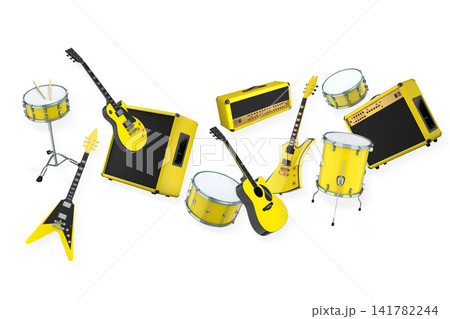 Set of electric acoustic guitars and drums with cymbals on white background Set of electric acoustic guitars and drums with cymbals on white background 141782244