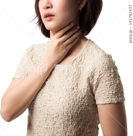Asian woman touching neck with concerned expression isolated on transparent background 141782437