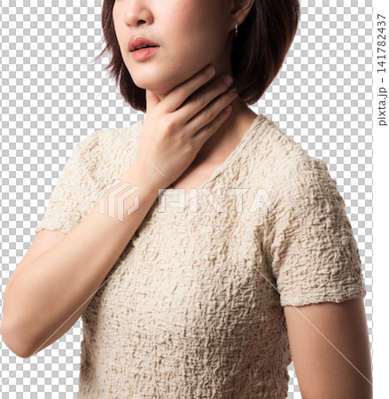 Asian woman touching neck with concerned expression isolated on transparent background 141782437