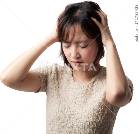 Asian woman holding head with closed eyes expresses stress and headache on transparent background 141782438