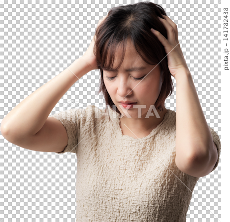 Asian woman holding head with closed eyes expresses stress and headache on transparent background 141782438