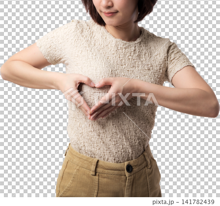 Asian woman forming heart gesture in textured shirt isolated against transparent background Asian woman forming heart gesture in textured shirt isolated against transparent background 141782439