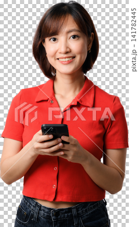 Asian woman smiling while holding smartphone in red shirt isolated on transparent background Asian woman smiling while holding smartphone in red shirt isolated on transparent background 141782445