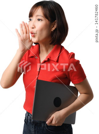 Asian woman whispering while holding laptop against transparent background with surprised expression Asian woman whispering while holding laptop against transparent background with surprised expression 141782460