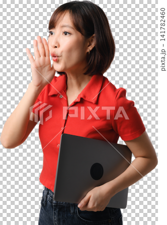 Asian woman whispering while holding laptop against transparent background with surprised expression Asian woman whispering while holding laptop against transparent background with surprised expression 141782460