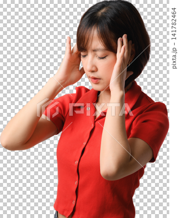 Asian woman in red shirt touching temples with closed eyes and expressing headache against transparent background Asian woman in red shirt touching temples with closed eyes and expressing headache against transparent background 141782464