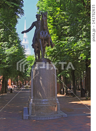 Paul Revere statue with Old North Church on the background, Boston 141782635