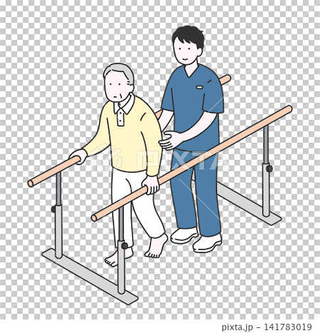 平行棒で歩行訓練を行う高齢者とリハビリスタッフのイラスト 141783019