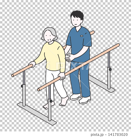 高齢者の歩行練習とリハビリテーションのイラスト 高齢者の歩行練習とリハビリテーションのイラスト 141783020