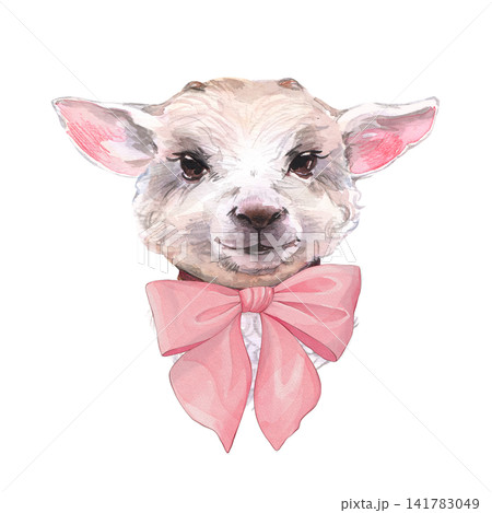 Hand-drawn watercolor illustration of a cute baby goat kid with a pink bow. Adorable animal portrait isolated on white background 141783049